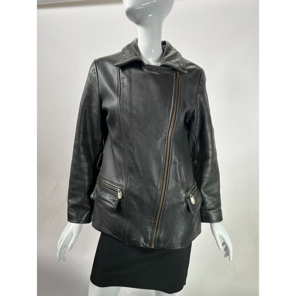Vintage Guess Leather Jacket sz S Black Motorcycle Asymmetrical Zip Pockets Line - Picture 14 of 16